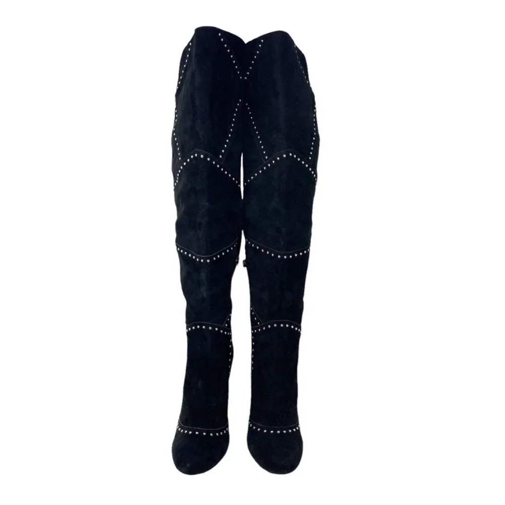 NWOB Vince Camuto VP Carlene Black Embellished Leather Suede Over The Knee Bo…